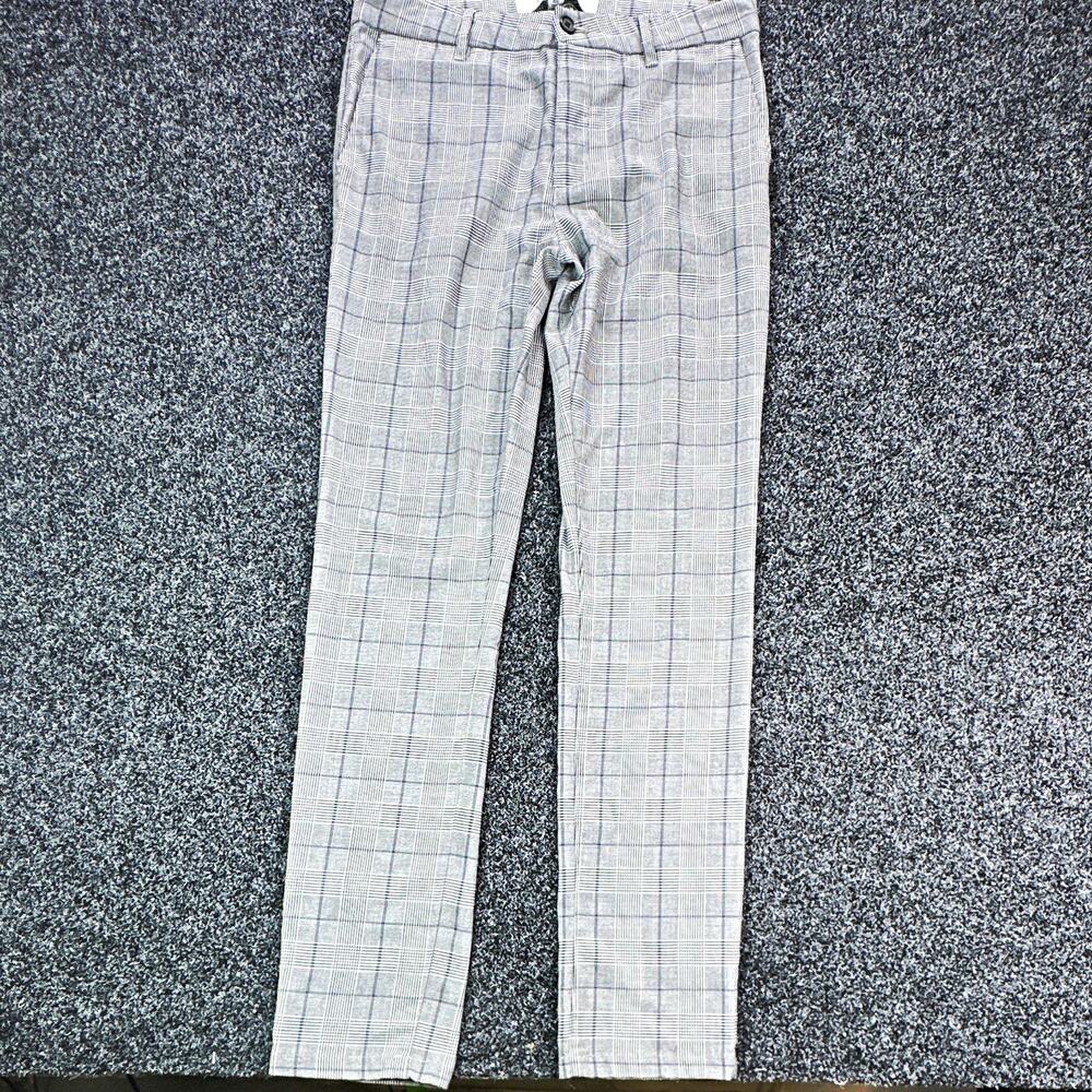 Topman Men's Stretch Skinny Plaid Pants Gray/Black Size 32 Flat Front